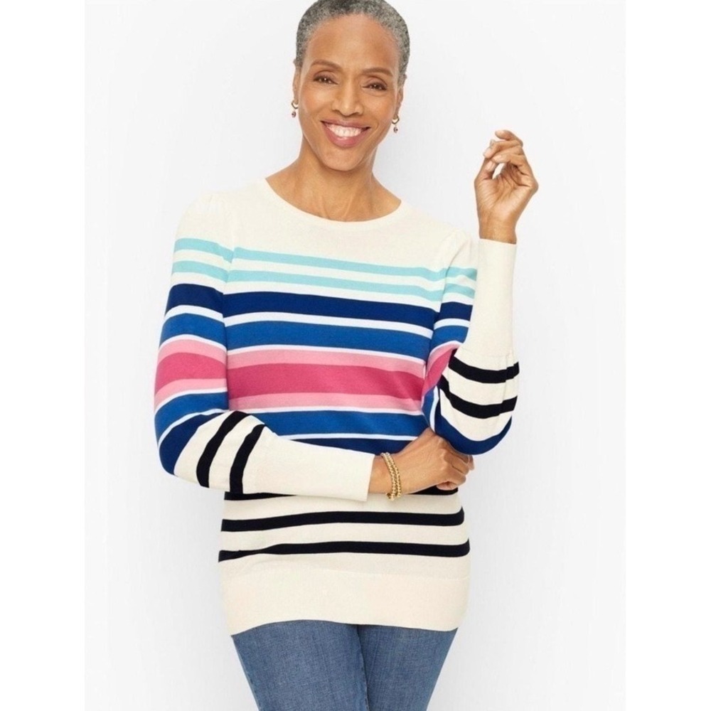 Talbots Striped Puff Sleeve Crew Neck Sweater Women S White Blue Office Layering